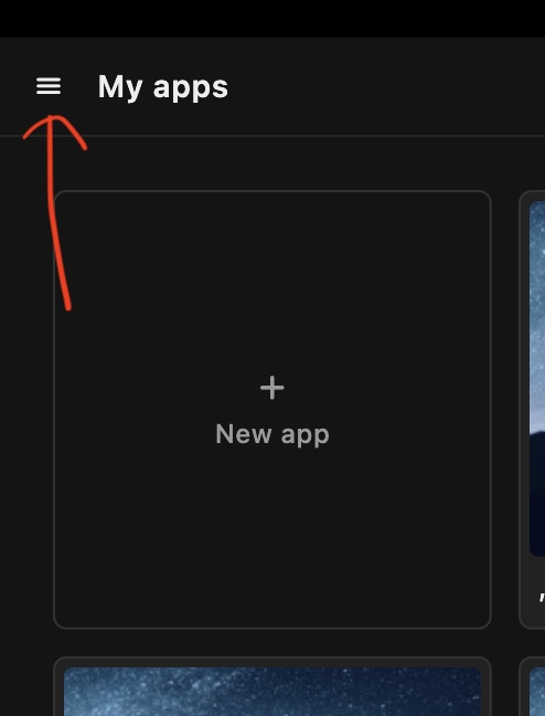 The hamburger menu button in the top-left corner of the AppShots My apps screen