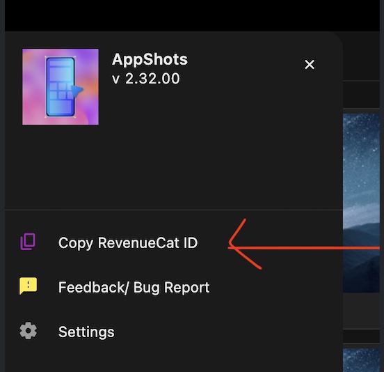 The Copy RevenueCat ID option in the AppShots menu